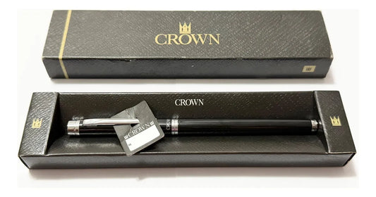 Caneta Antiga Tinteiro Crown Preta E Prata Com Estojo