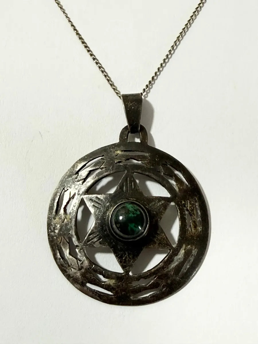 Colar Antigo Prata 925 Israel Estrela De Davi C/ Pedra Verde