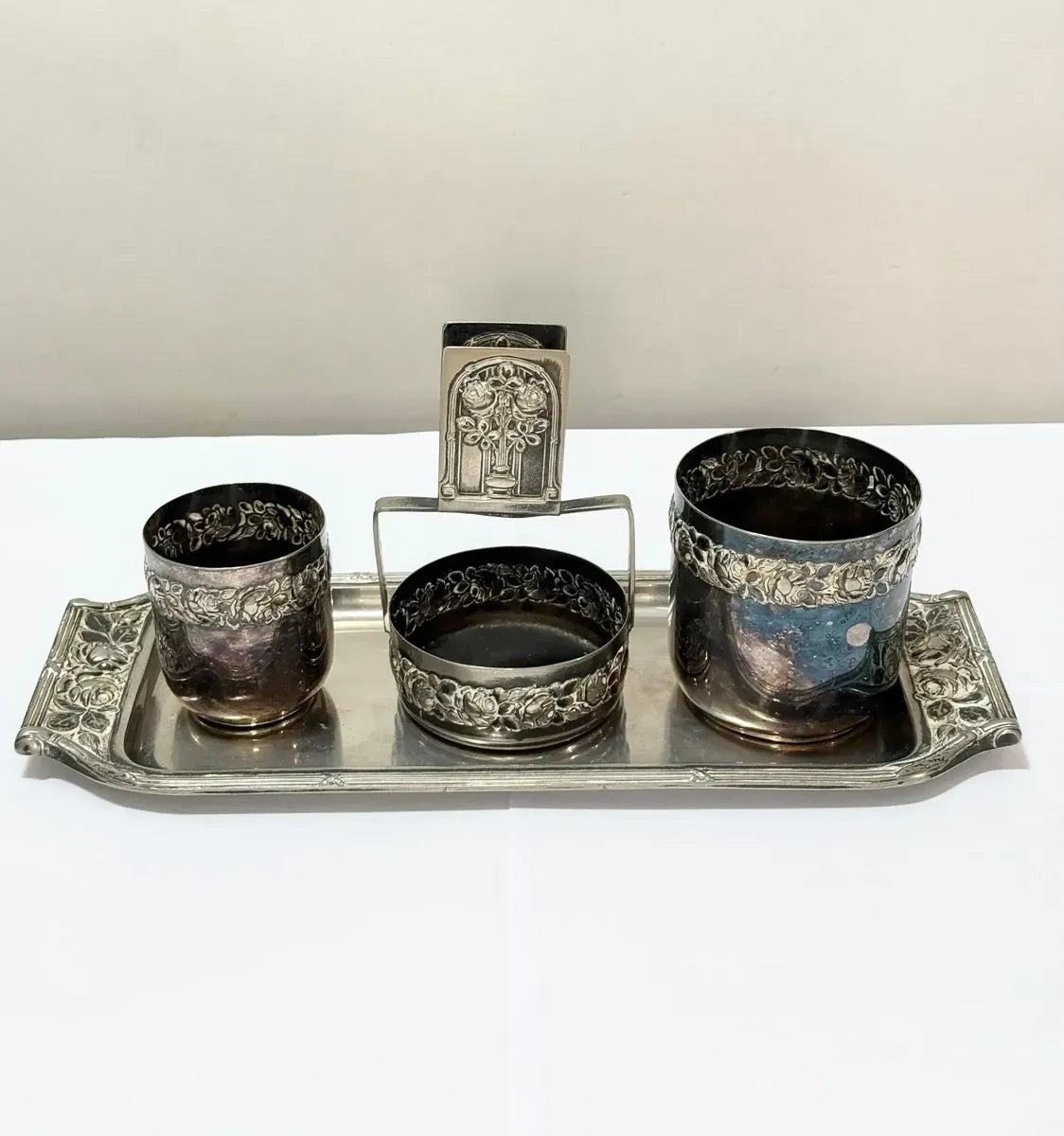 Conjunto Antigo Prata Wolff Bandeja + 3 Peças Floral