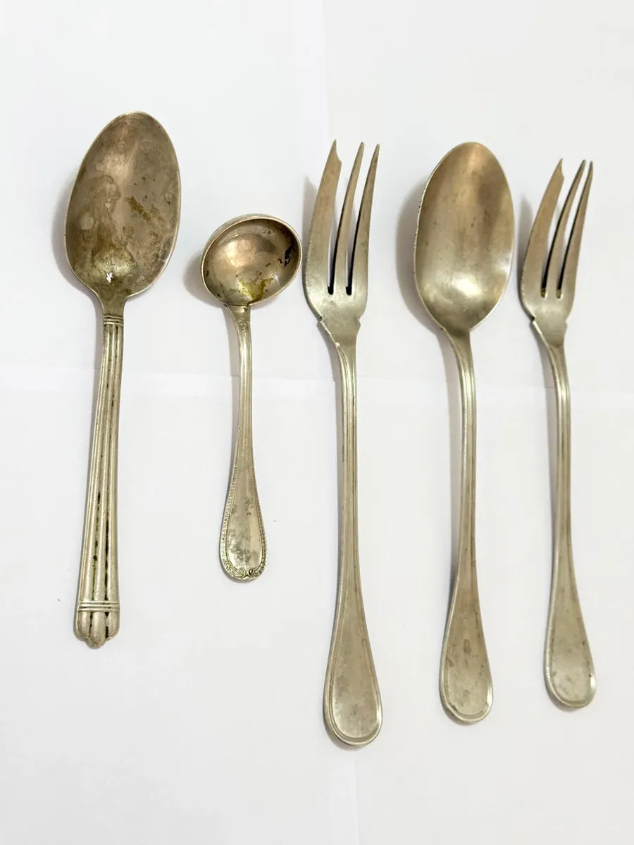 Conjunto Talheres Antigos Metal Prateado 5 Peças