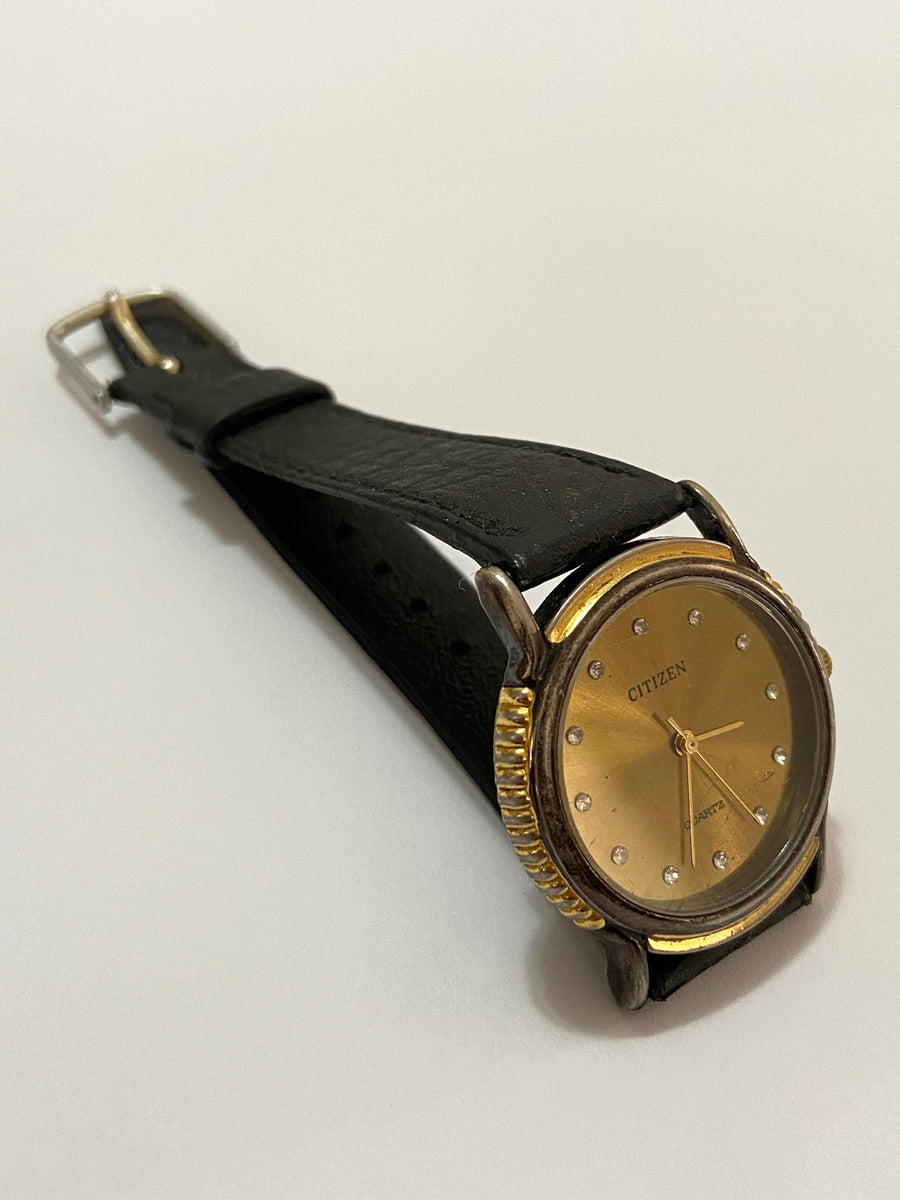 Relógio Antigo Citizen Quartz Dourado Pedras Pulseira Couro Preto