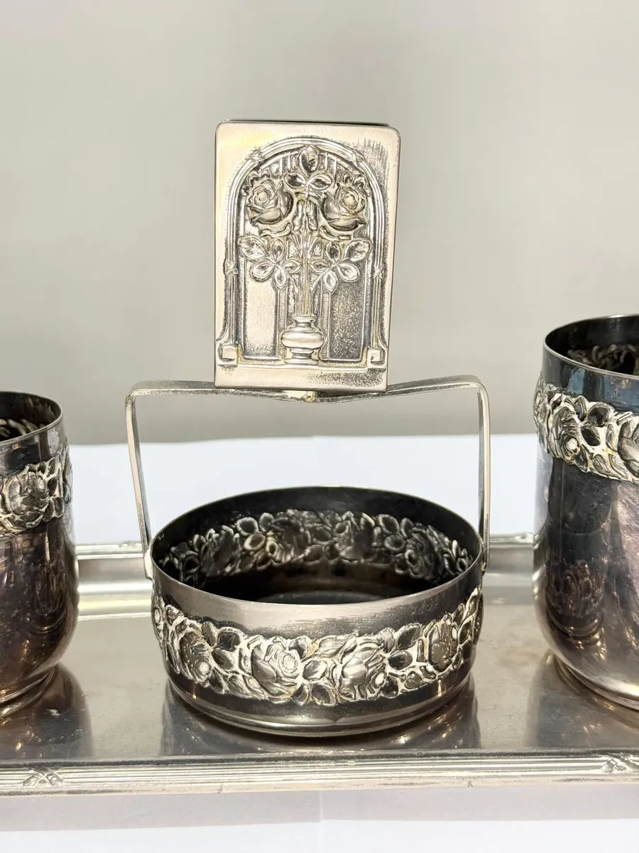 Conjunto Antigo Prata Wolff Bandeja + 3 Peças Floral