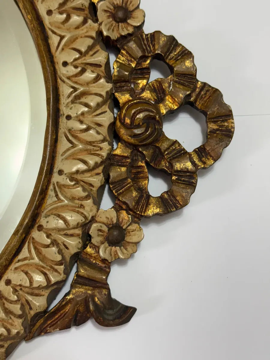 Espelho Antigo Rococó Madeira Entalhada Dourada Oval