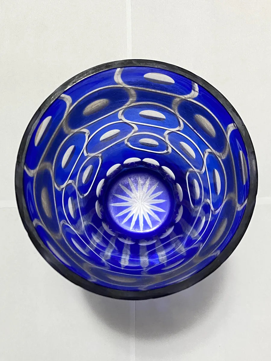 Vaso De Cristal Azul Cobalto Lapidado Boêmia
