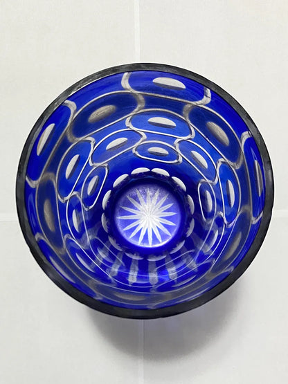 Vaso De Cristal Azul Cobalto Lapidado Boêmia