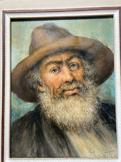 P. Licatti - Quadro Antigo Óleo S/ Placa - Retrato Homem Barbado