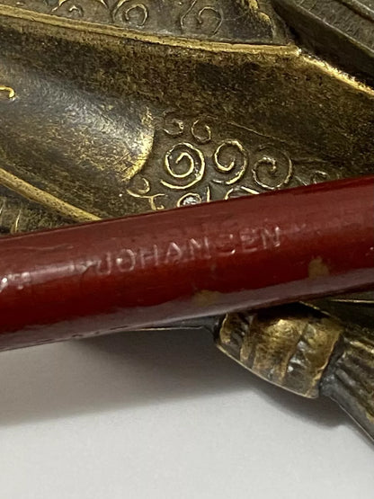 Tinteiro Porta Caneta Antigo Em Bronze + Pena Fritz Johansen