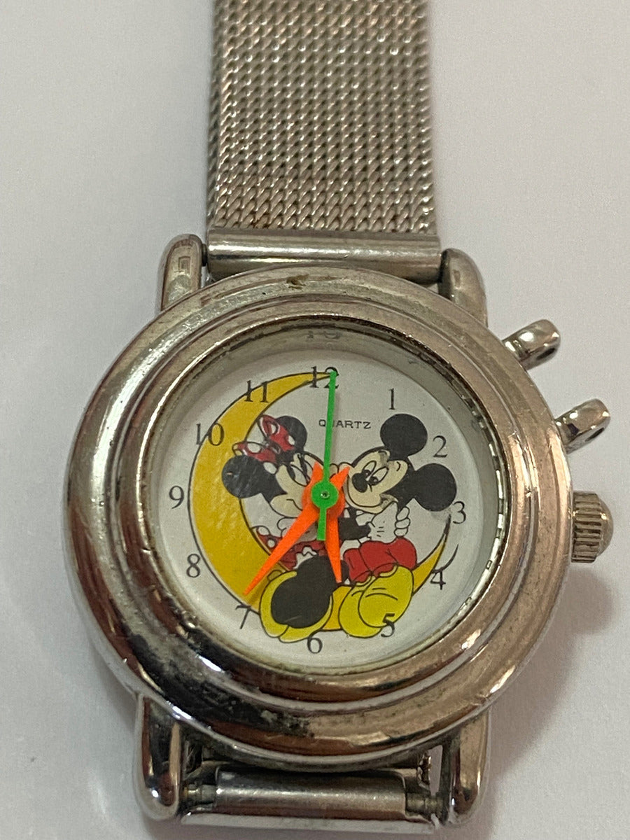 Relógio Antigo Mickey Minnie Quartz Prata Water Resist Prateado
