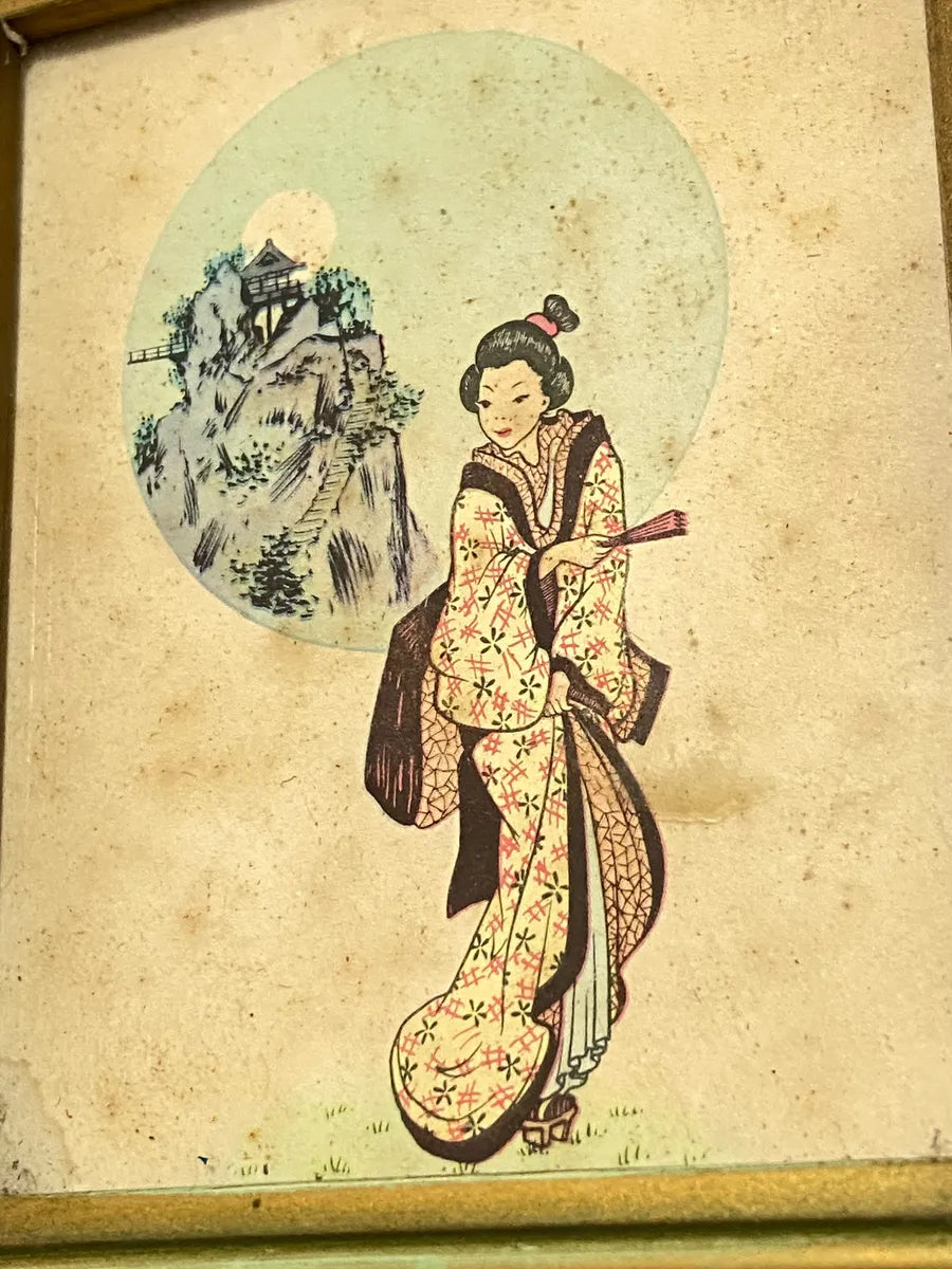 Quadros Japoneses Antigos Gueixas - Par Colorido Verde