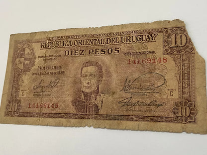 Cédula Antiga Uruguai 1939 10 Pesos
