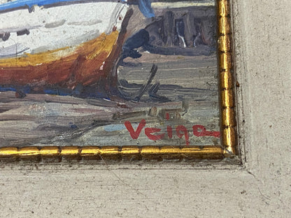 Quadro Antigo Pintura Walter Veiga - Barco E Casario - Ose