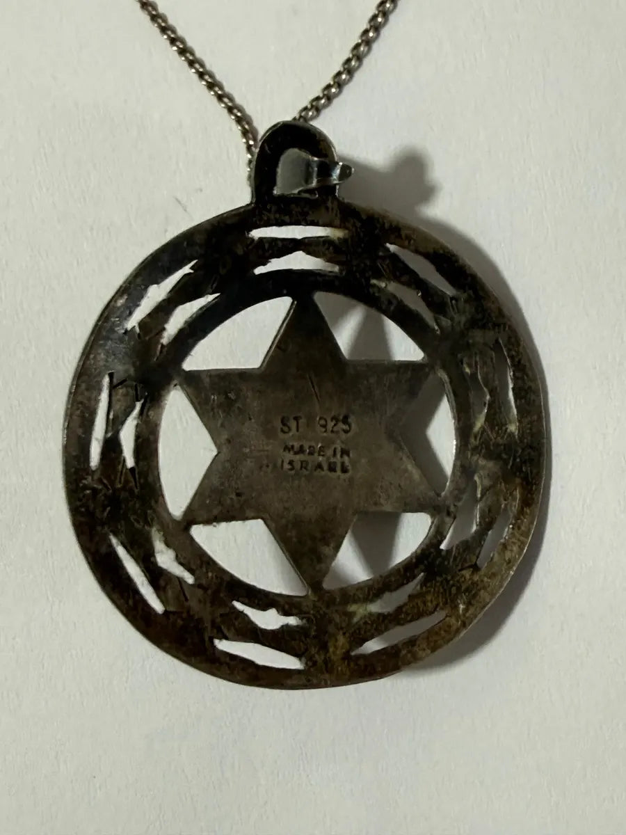 Colar Antigo Prata 925 Israel Estrela De Davi C/ Pedra Verde