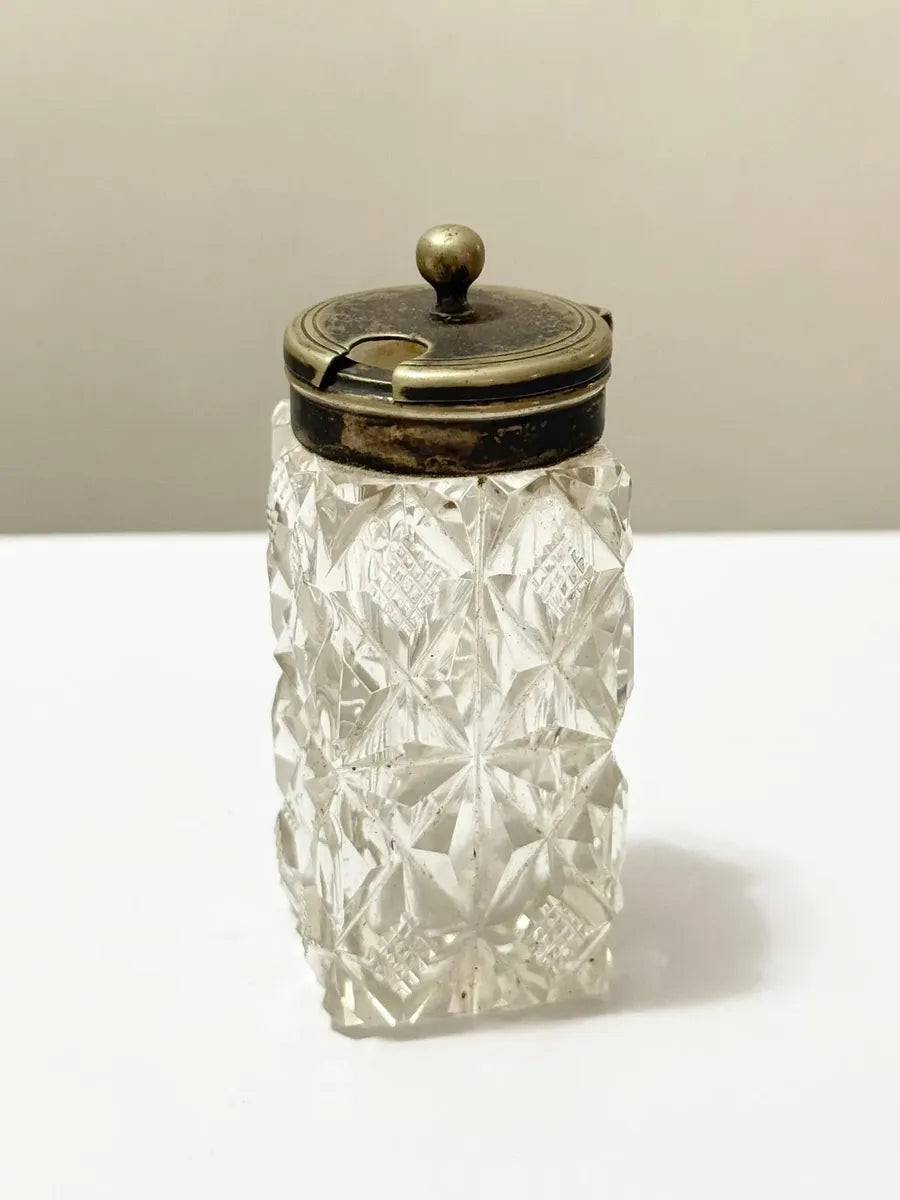 Pote Antigo Em Vidro Lapidado C/ Tampa Metal