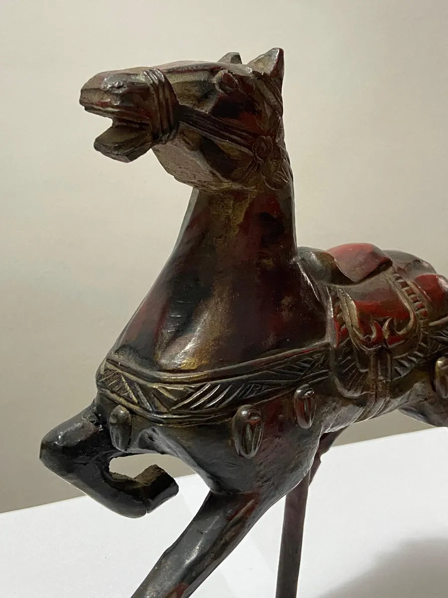 Escultura Antiga Cavalo Imperial Em Madeira Laca Feito À Mão