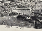 Gravura Antiga Porto Colonial Com Embarcações Assinada
