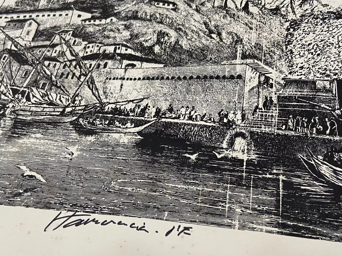 Gravura Antiga Porto Colonial Com Embarcações Assinada