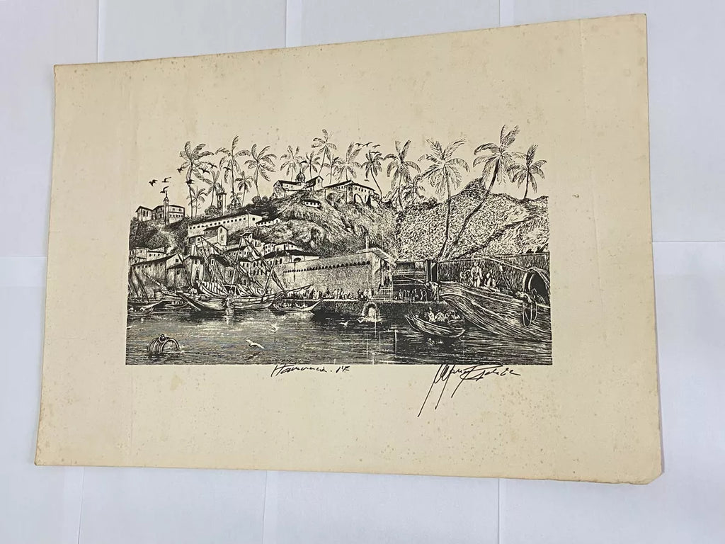 Gravura Antiga Porto Colonial Com Embarcações Assinada