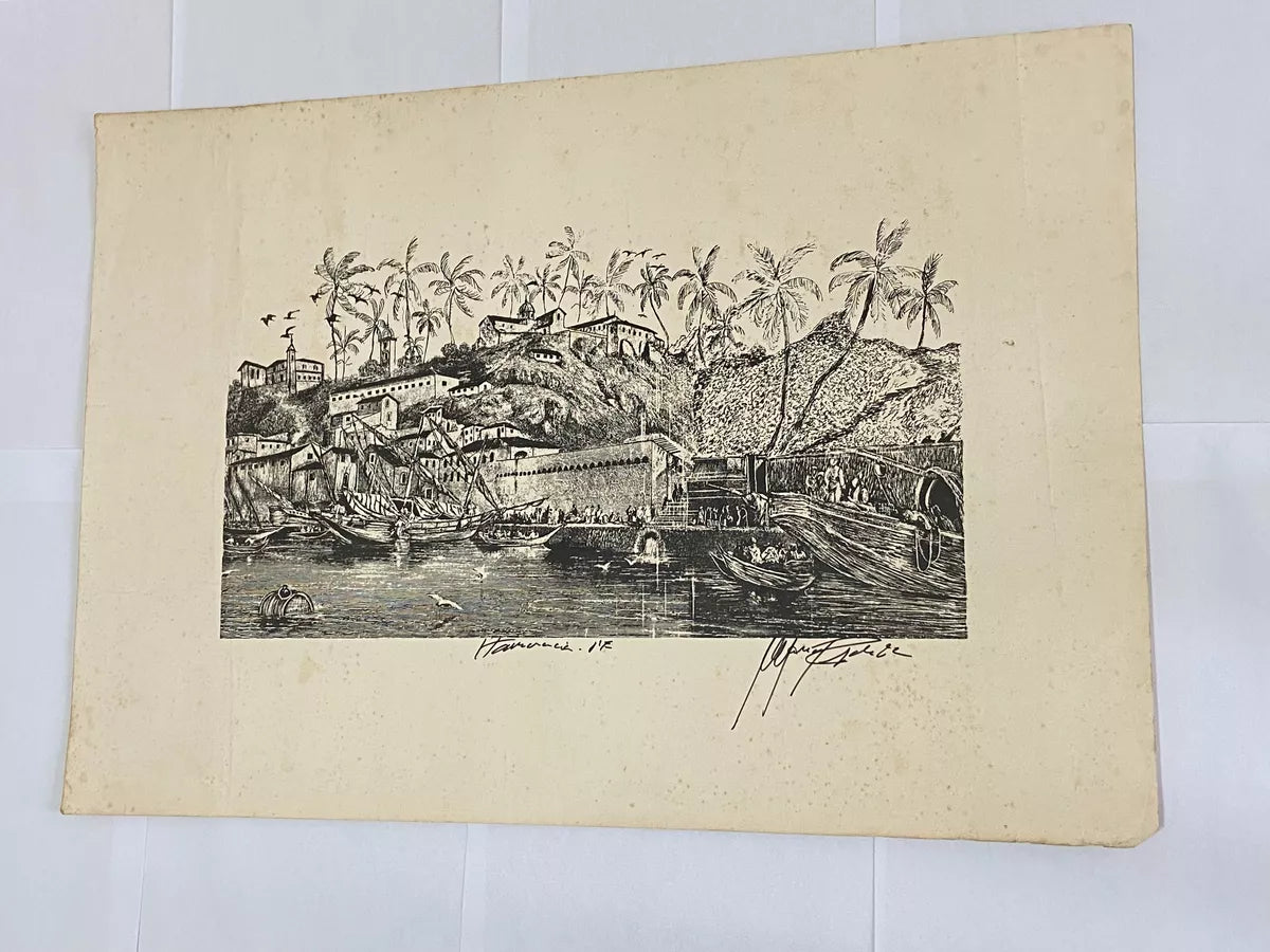 Gravura Antiga Porto Colonial Com Embarcações Assinada