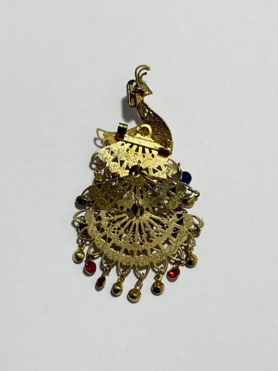 Broche Antigo Pavão Dourado Filigrana Pedras Coloridas