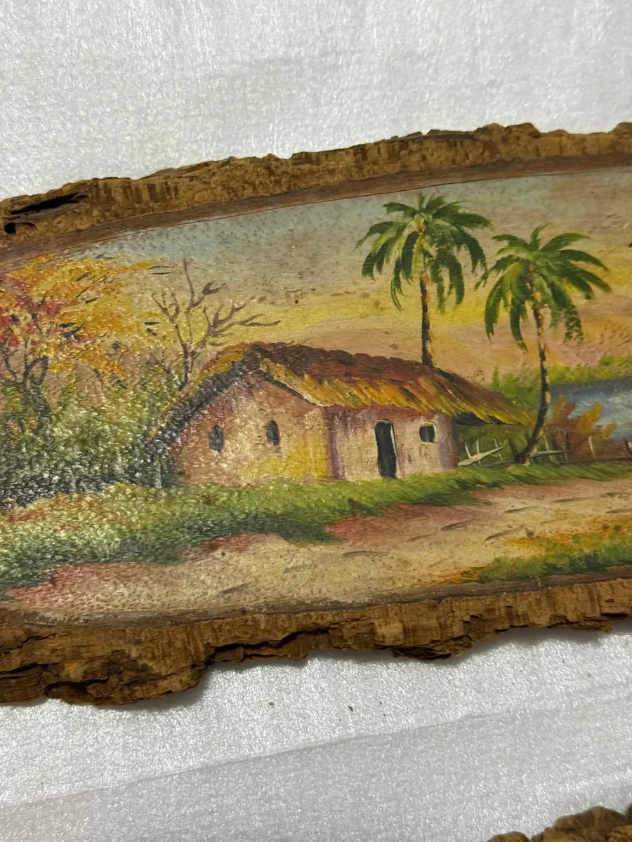 Pinturas Antigas Em Casca De Árvore Cenas Rurais Rústicas