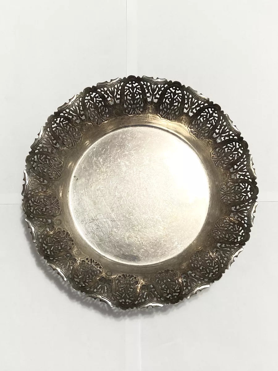 Antiga Bandeja Com Bordas Detalhadas Metal Prata