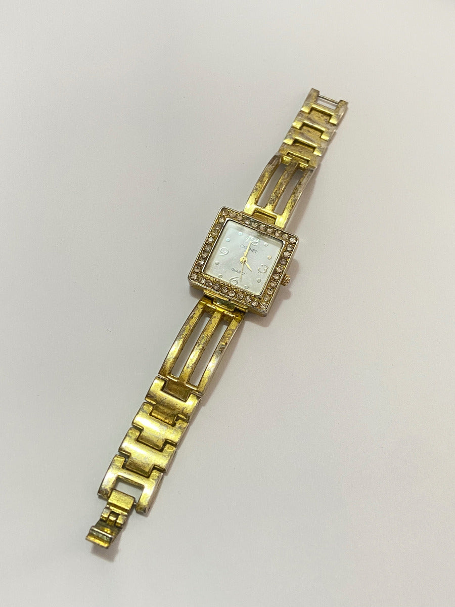 Relógio Antigo Catinet Quartz Com Pedras Quadrado Dourado