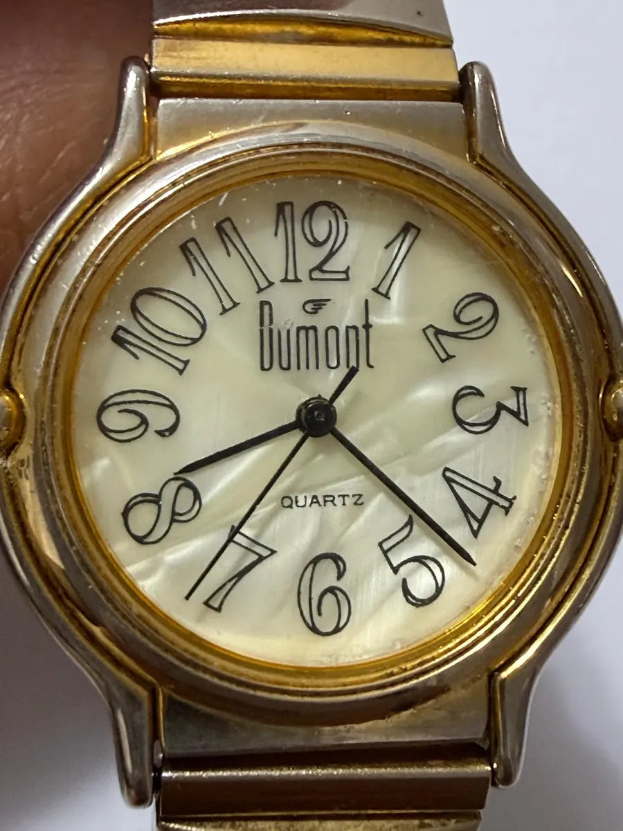 Relógio Antigo Dumont Dourado Japan Movt Pulseira Elastica Prata Dourado Madrepérola