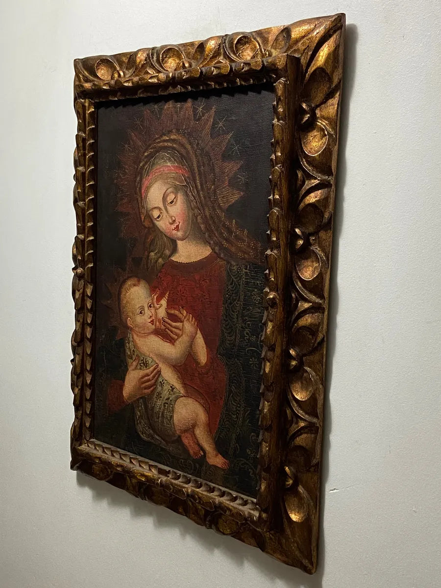 Quadro Pintura Cusquenha Antiga Virgem E Menino Jesus