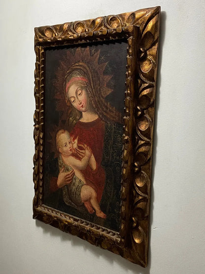 Quadro Pintura Cusquenha Antiga Virgem E Menino Jesus