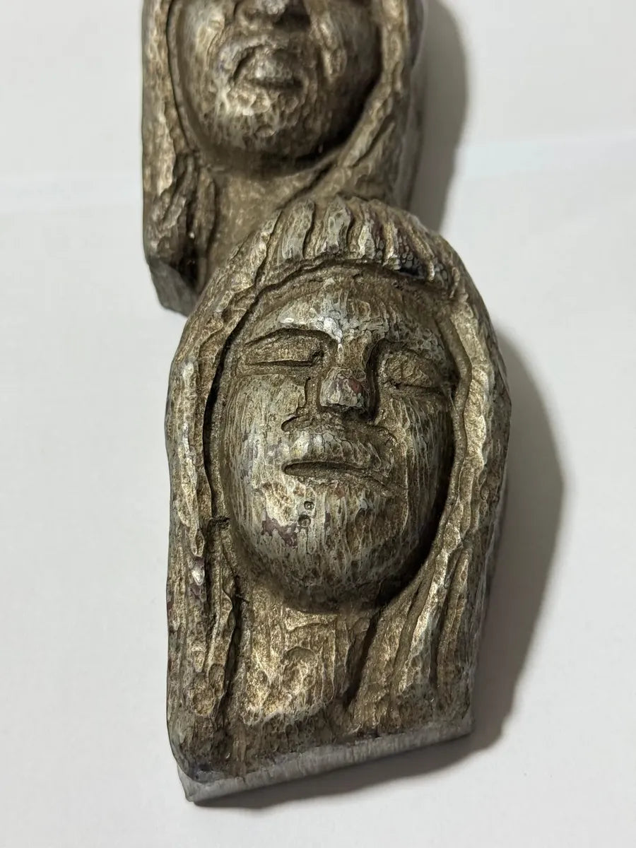 Escultura Antiga Madeira Entalhada 3 Rostos Totem Ancestral