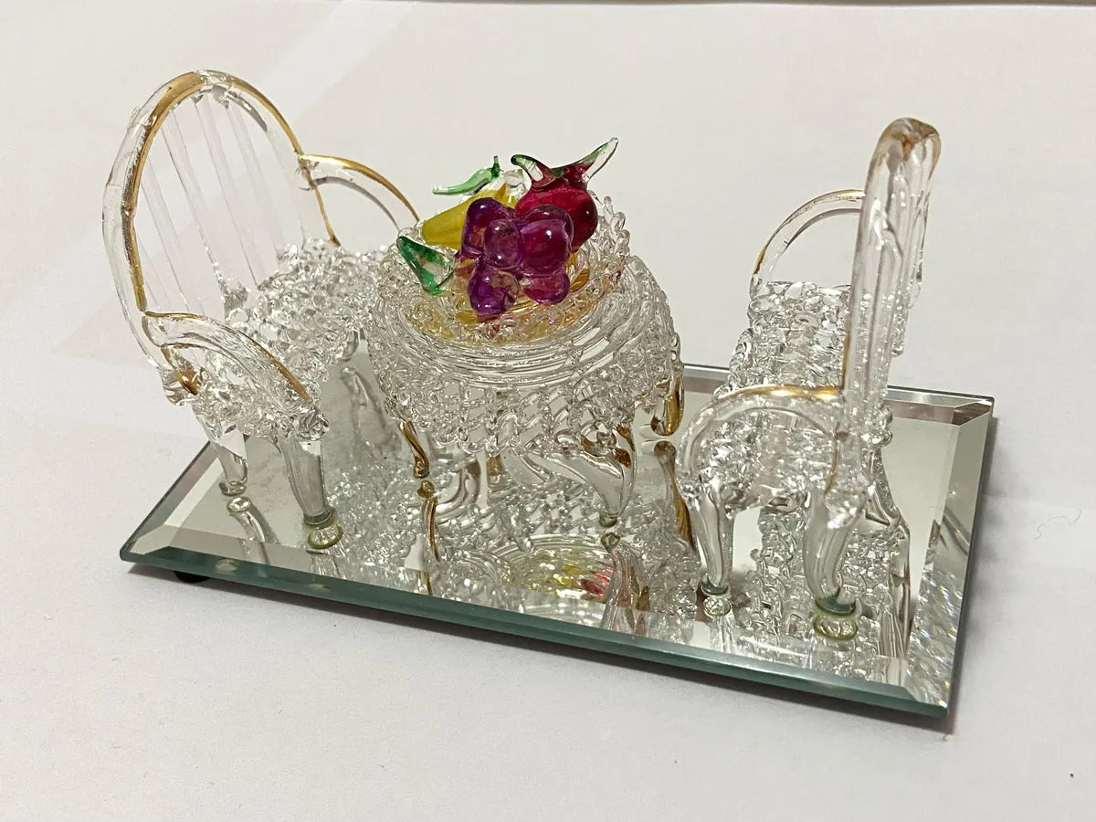 Miniatura Arte Em Vidro Conjunto Mesa, Cadeiras E Frutas