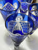 Conjunto Antigo Cristal Azul Lapidado Jarra + 5 Copos