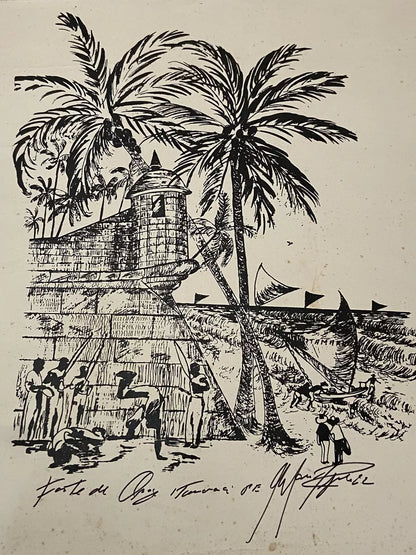 Gravura Antiga Paisagem Com Forte E Coqueiros Assinada