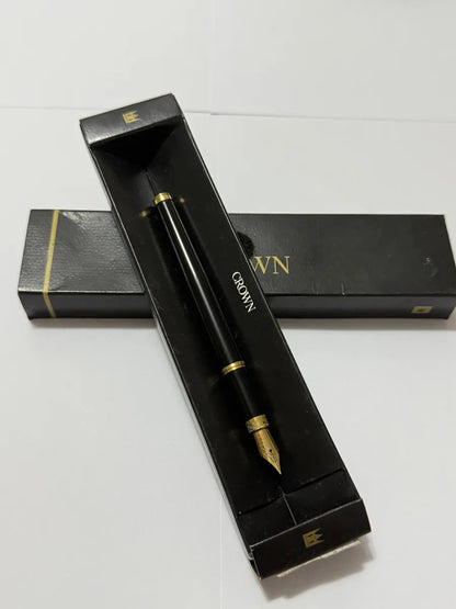 Caneta Antiga Tinteiro Crown Preta E Dourada Com Estojo