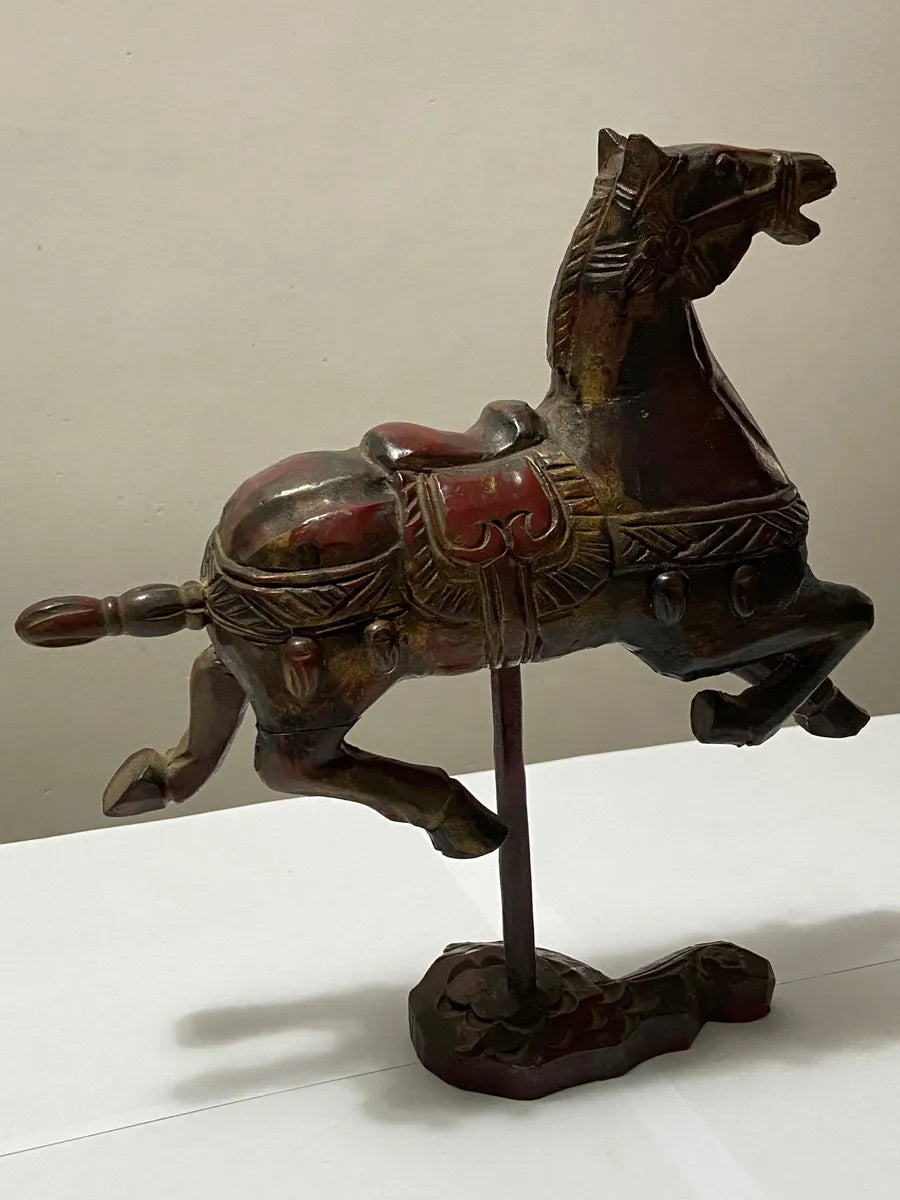 Escultura Antiga Cavalo Imperial Em Madeira Laca Feito À Mão