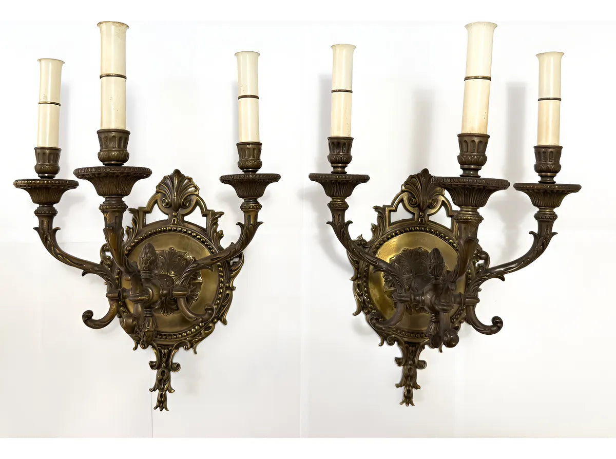 Par De Arandelas De Parede Antigas Bronze 3 Braços Luís XV