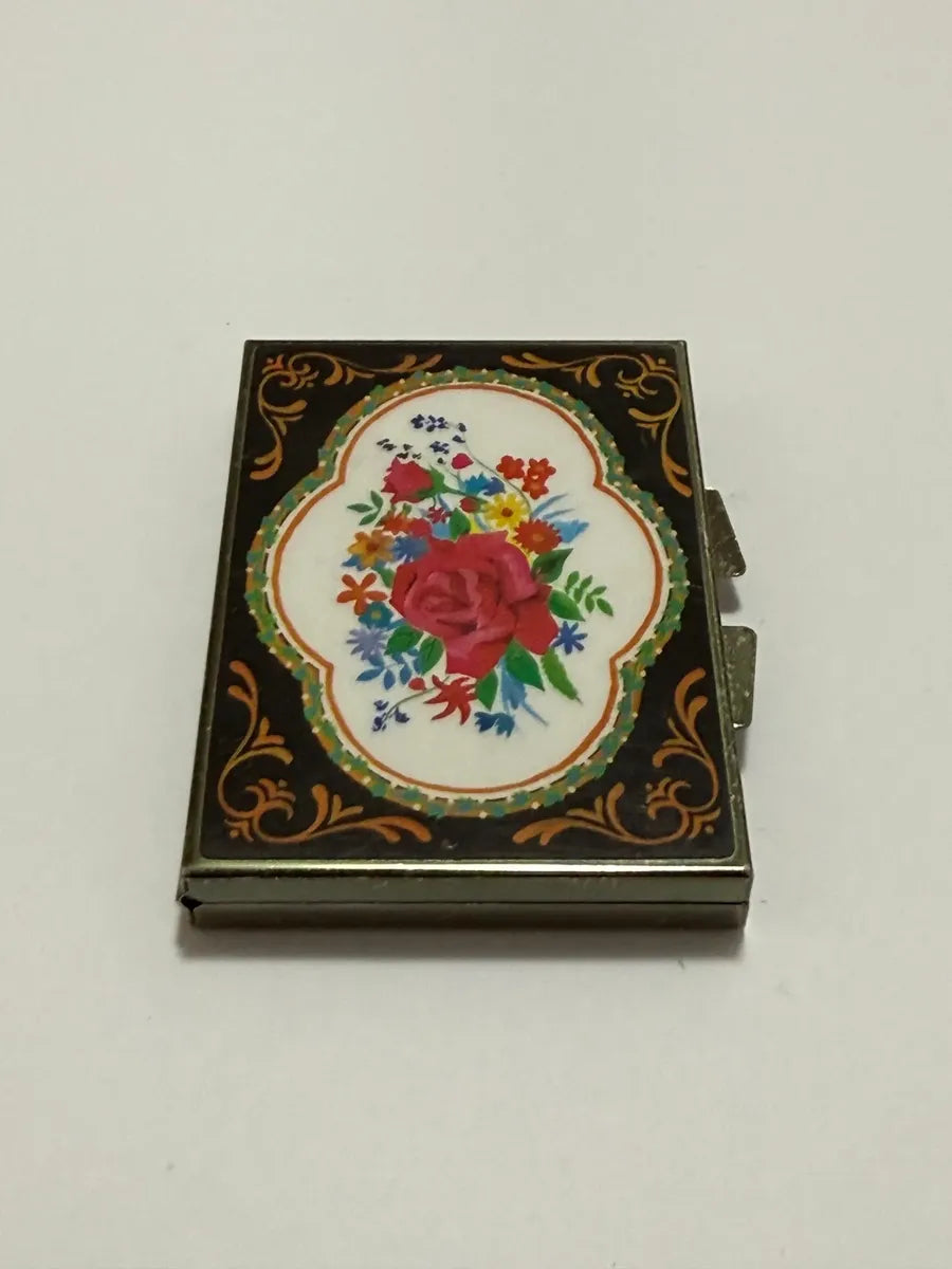 Caixa Porta Pó Compacto Antiga Em Metal Floral Com Espelho