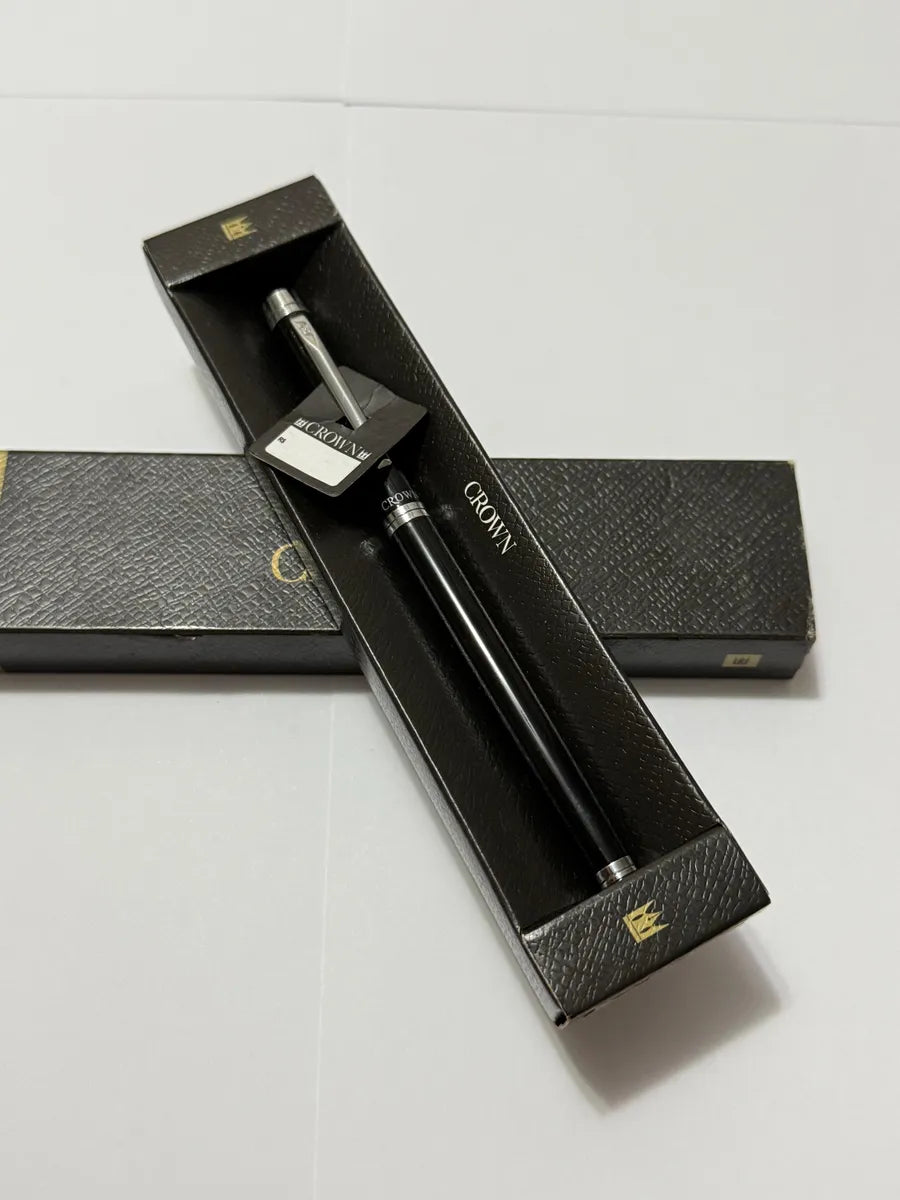 Caneta Antiga Tinteiro Crown Preta E Prata Com Estojo