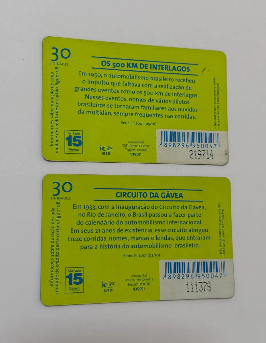 Lote 2 Cartões Telefônicos Antigos F1 2001 Fórmula 1