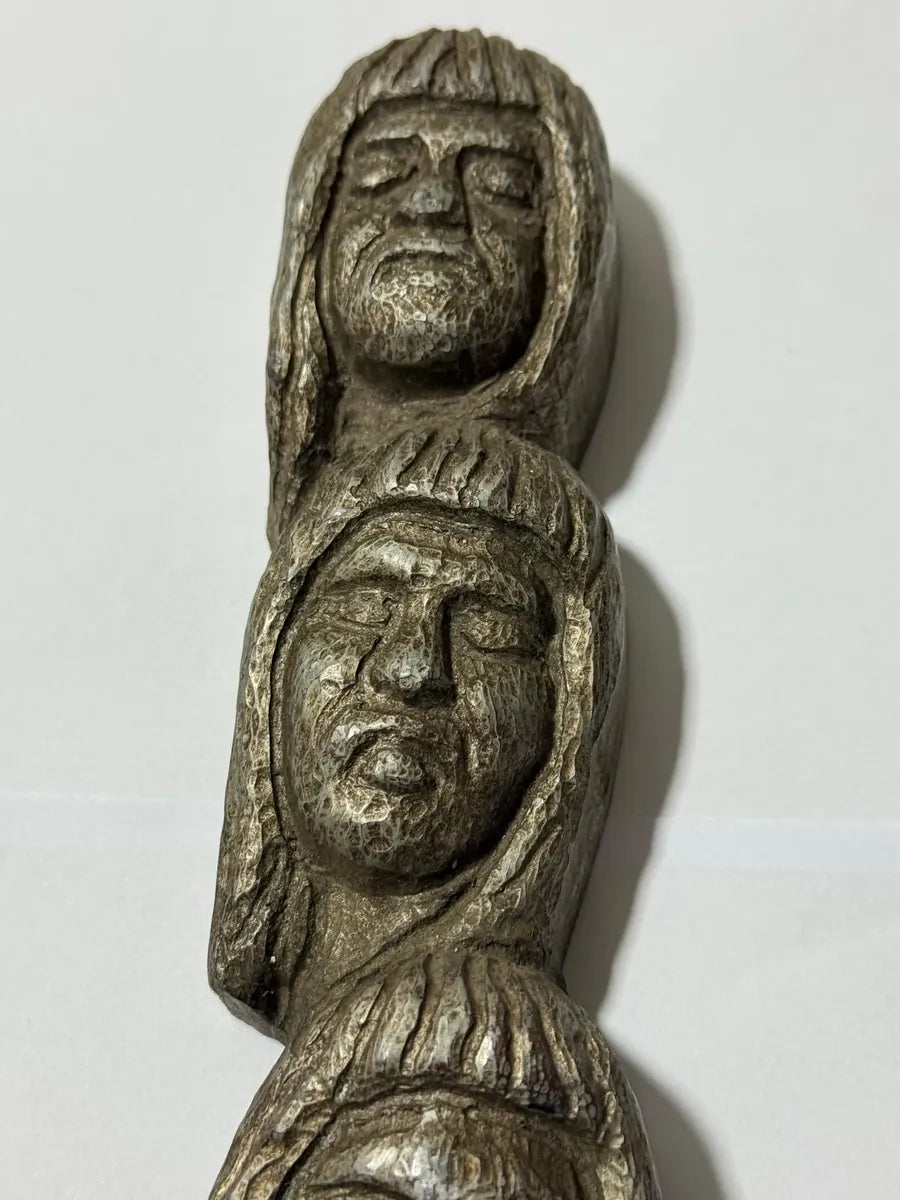 Escultura Antiga Madeira Entalhada 3 Rostos Totem Ancestral