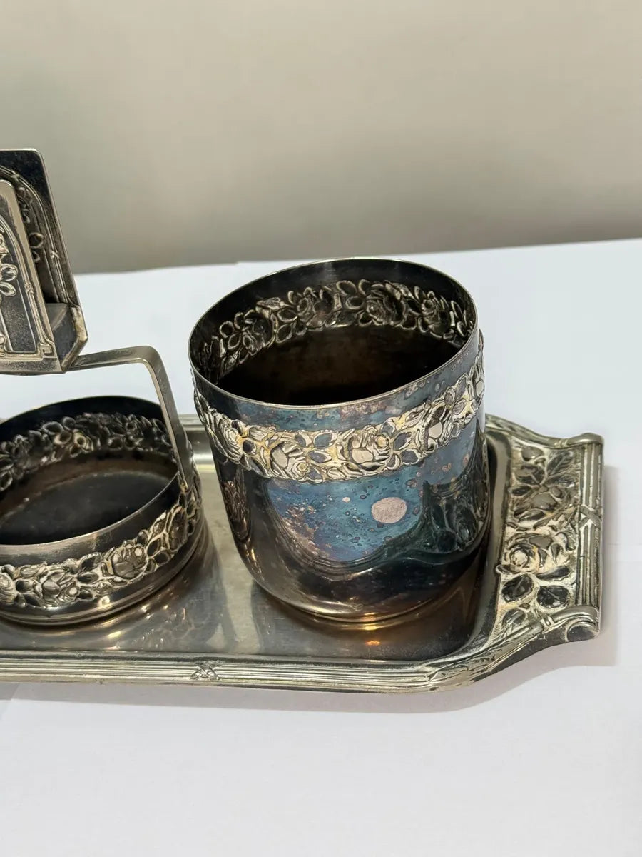 Conjunto Antigo Prata Wolff Bandeja + 3 Peças Floral