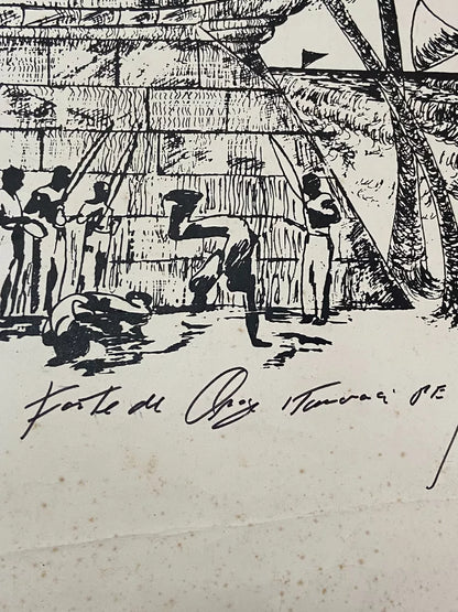 Gravura Antiga Paisagem Com Forte E Coqueiros Assinada