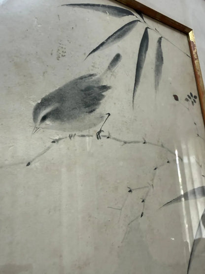 Quadro Antigo Pintura Oriental Em Nanquim - Pássaro E Bambu