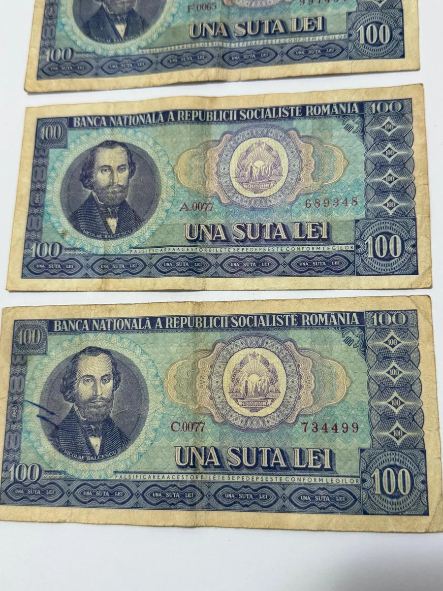 Lote 3 Cédulas Antigas Romênia 100 Lei Una Suta Lei 1966