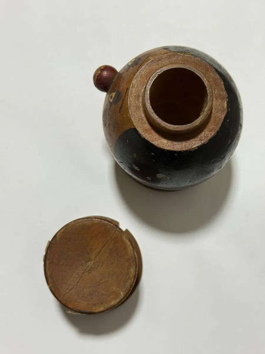 Pote Antigo De Madeira Palhaço Pintado À Mão Com Cartola