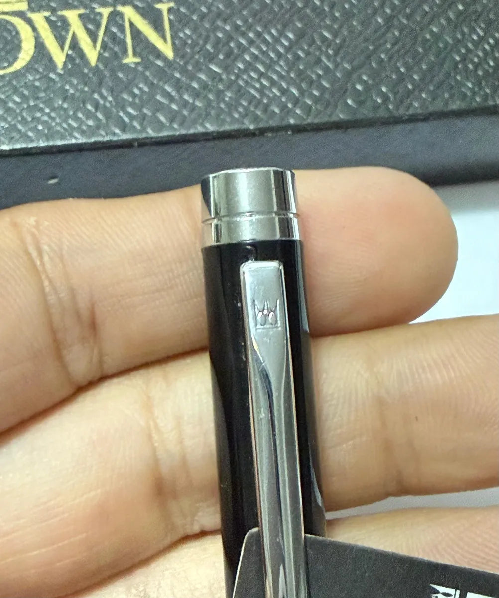 Caneta Antiga Tinteiro Crown Preta E Prata Com Estojo