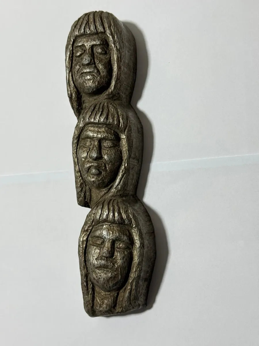 Escultura Antiga Madeira Entalhada 3 Rostos Totem Ancestral