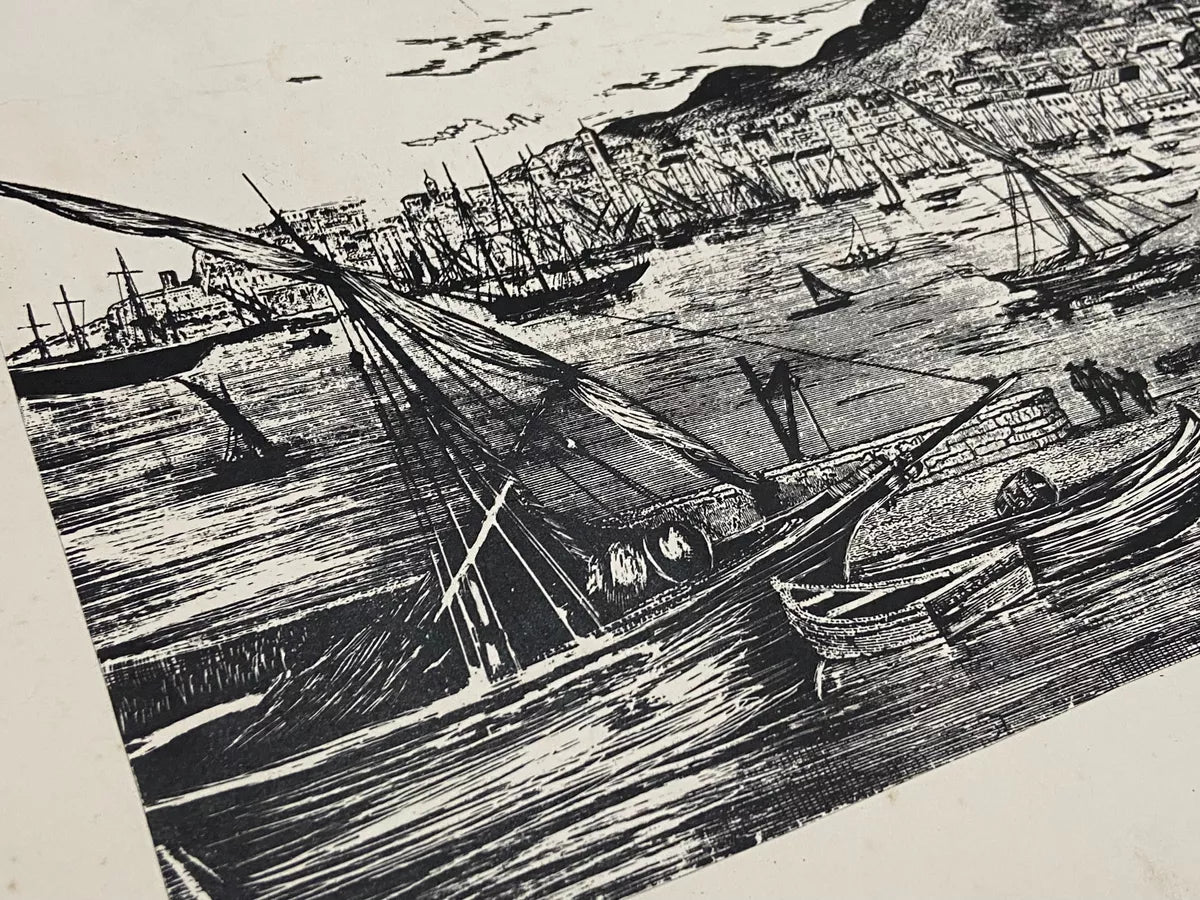 Gravura Antiga Barcos Porto Aos Pés Da Montanha Assinada