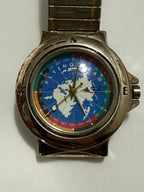 Relógio Antigo Mapa Mundial Flying Gear Japan Movt Prata