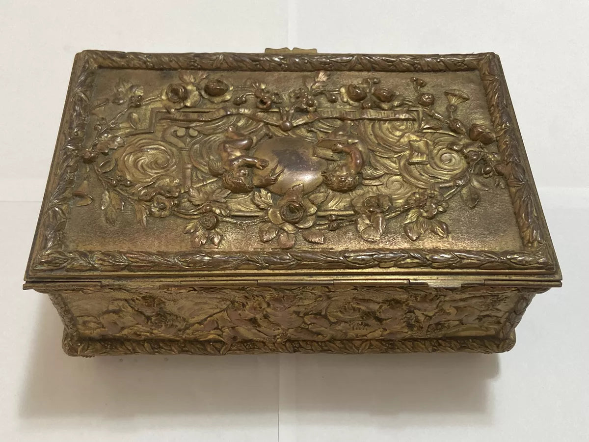 Antigo Porta Joias Caixa Cofre De Bronze Imperio Decorada